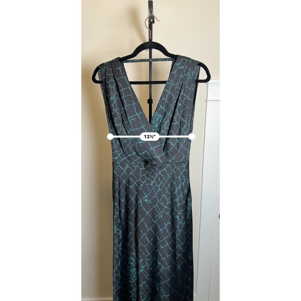Reiss Maxi Dress Womens 4 Teal Black Abstract Print Satin V-Neck Formal Gown - Picture 8 of 9
